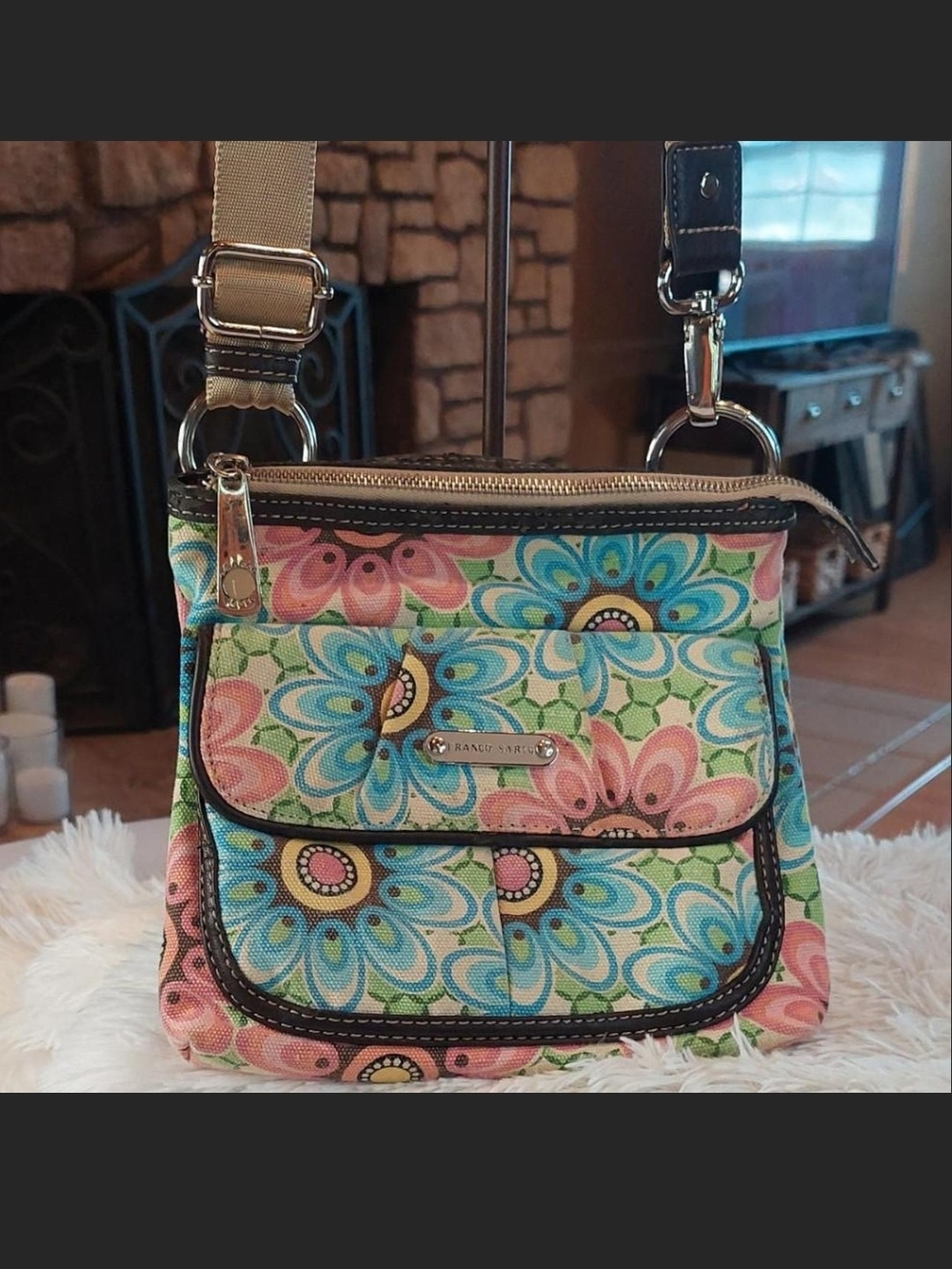 Franco Sarto Floral Canvas Crossbody Bag Purse • Y2K Retro EUC